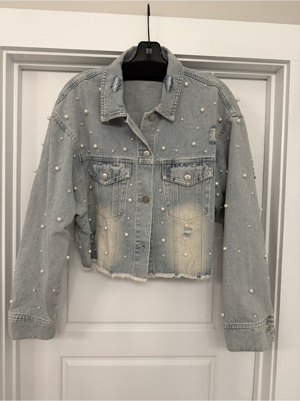 Peach Love California Pearl-Embellished Cropped Denim Jacket NEW